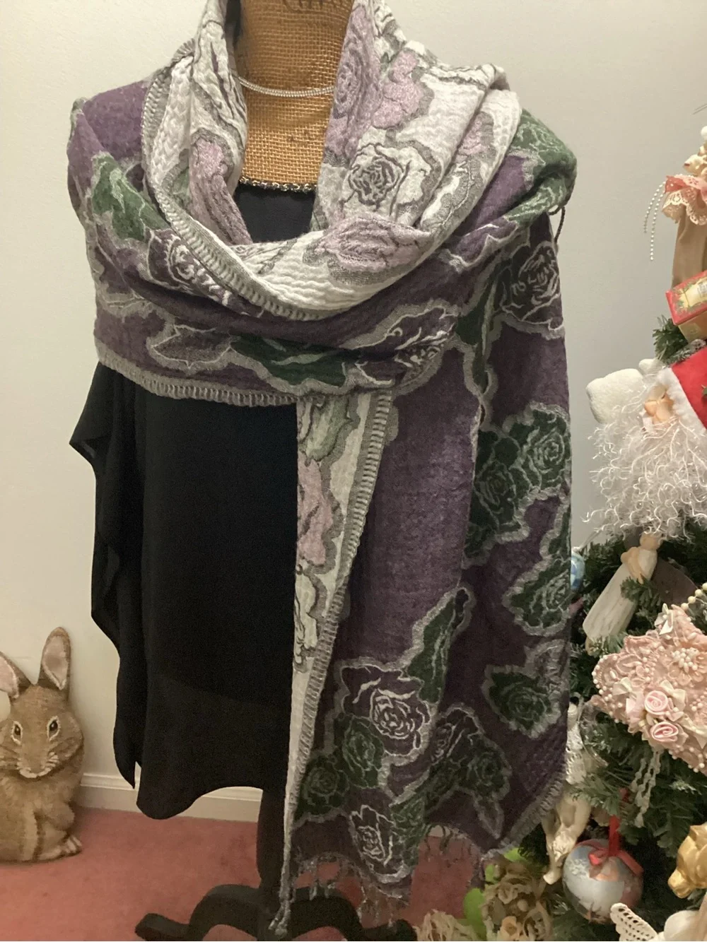 Floral Knit Wrap Shawl in Purple, Green & Cream